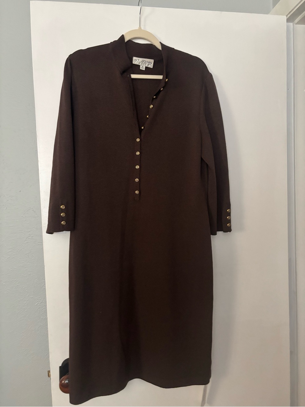 St. John Brown Long Sleeve Button-Trim Knit Dress